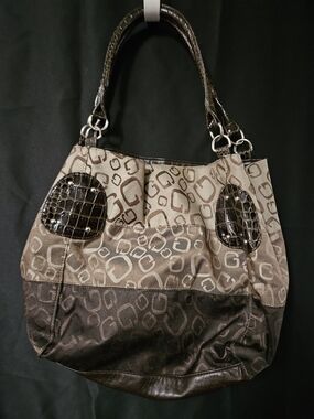 Guess Y2K Brown Patterned Hobo Bag with Croc-Embossed Accents